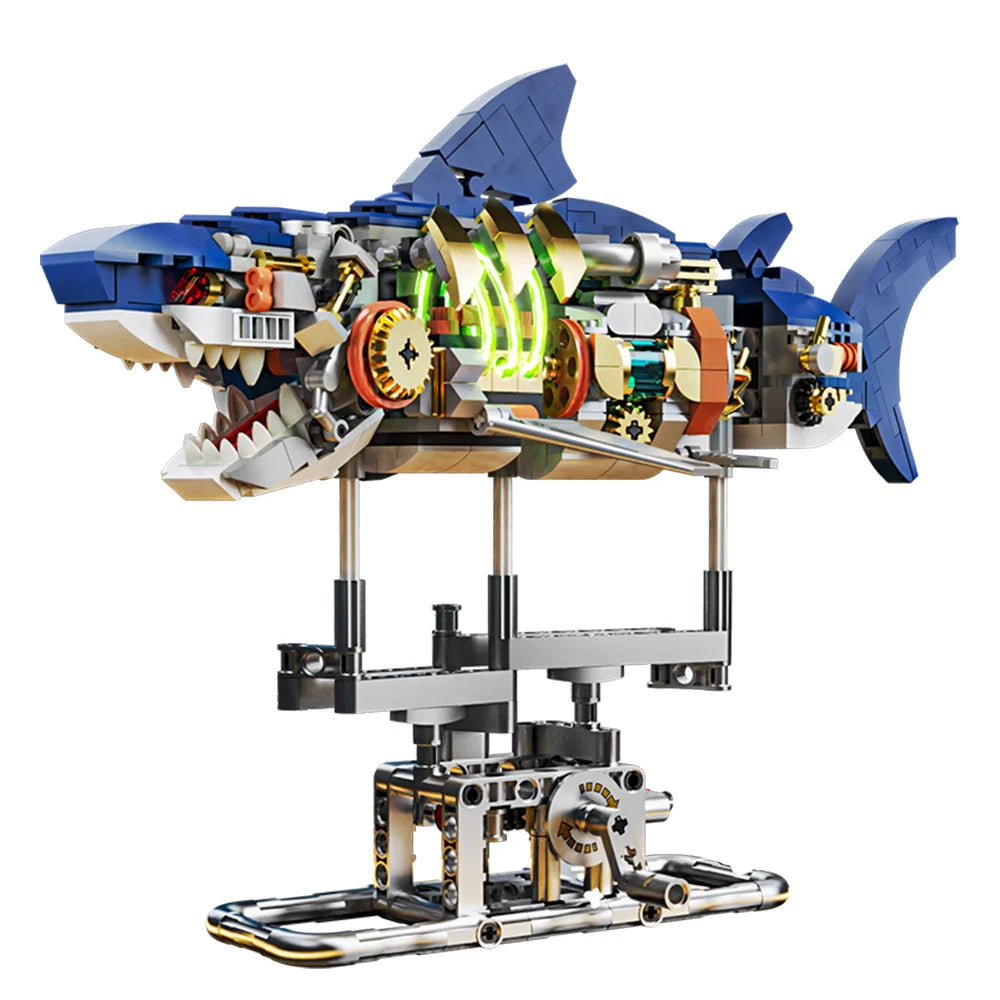 Mechanical Shark Building Set, Shark Sea Life Building Blocks Set with Display Stand and Lights, Block Gift for Kids and Adults