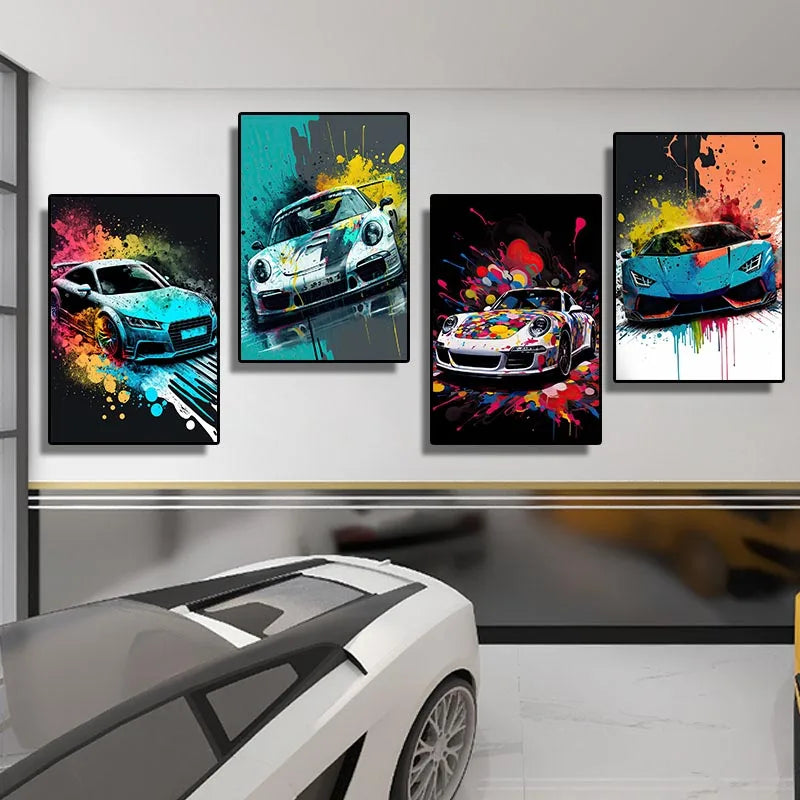 Colorful Vehicles Poster Canvas Art Pop Graffiti Lurxry Cars Print Murals Modern Wall Art Hanging Pictures Home Decor Unframed